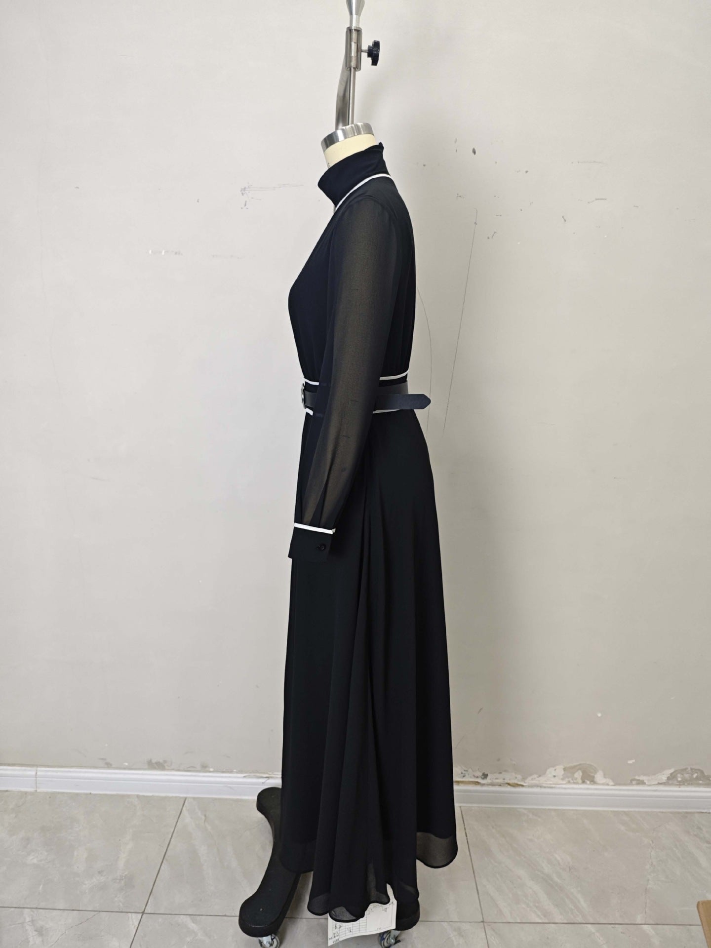 High-Waist Maxi Dress with Turtleneck and Contrast Piping