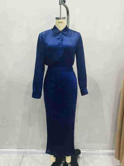 Dark Blue Two-Piece Set with Button-Down Shirt and Midi Skirt