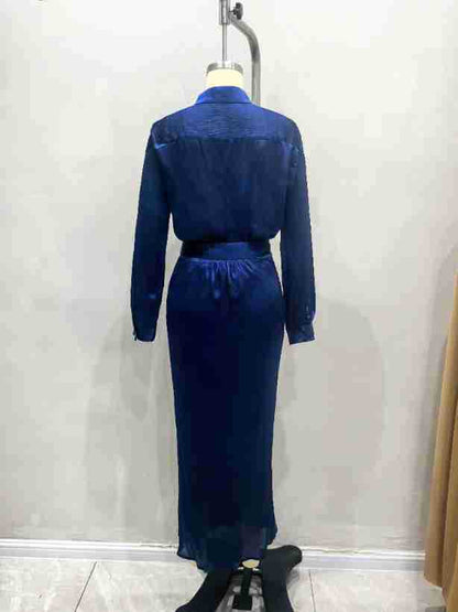 Dark Blue Two-Piece Set with Button-Down Shirt and Midi Skirt