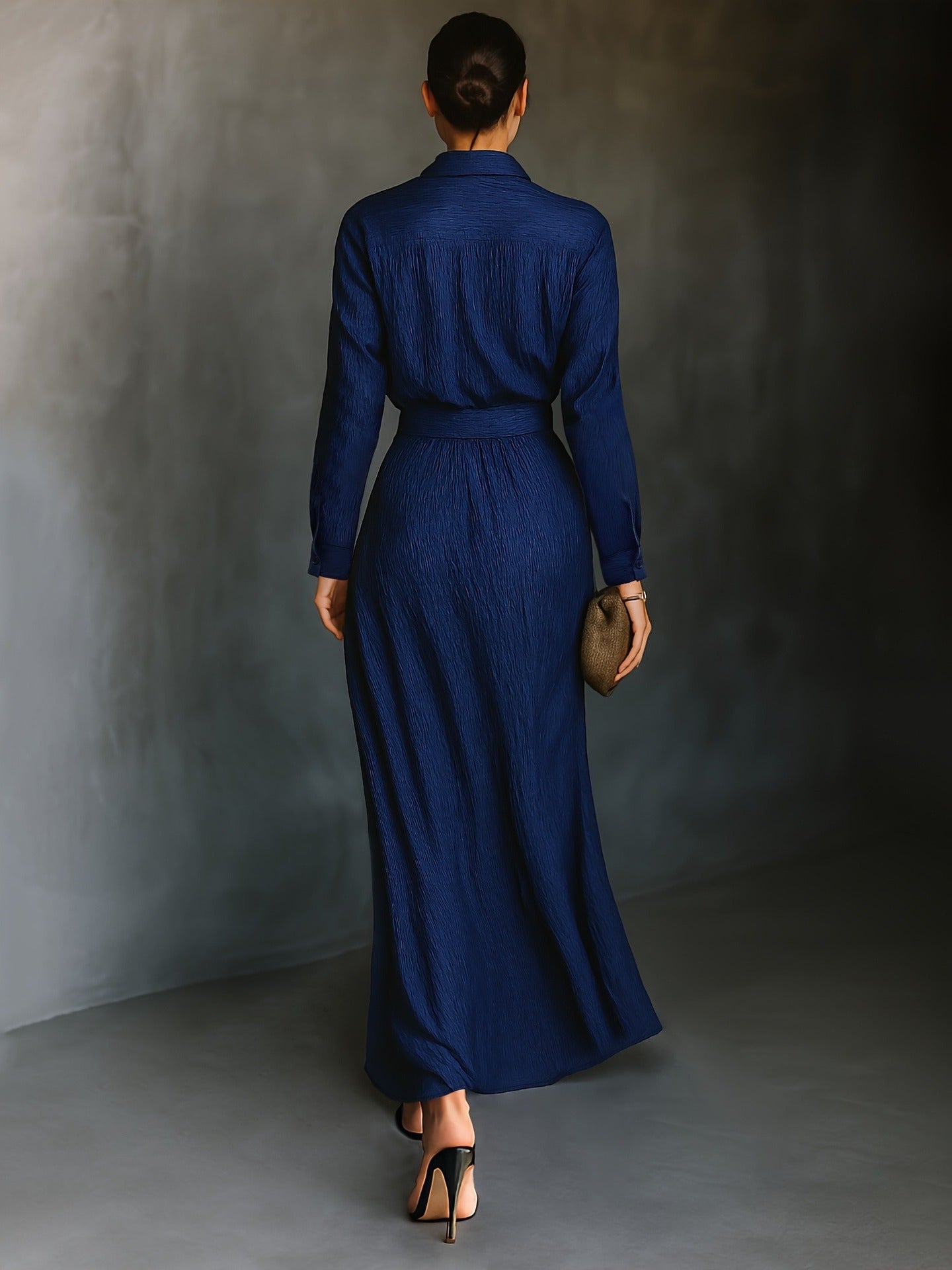 Dark Blue Two-Piece Set with Button-Down Shirt and Midi Skirt