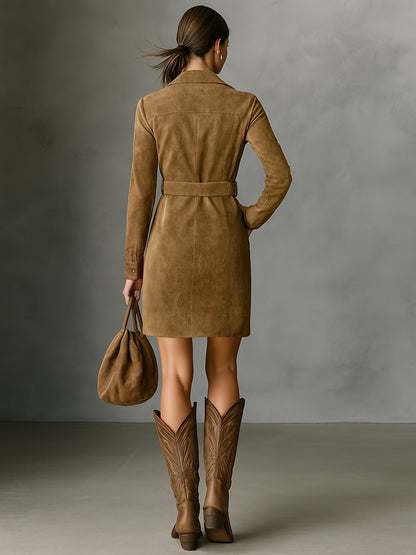 Faux Suede Shirt Dress with Polo Collar and Belt