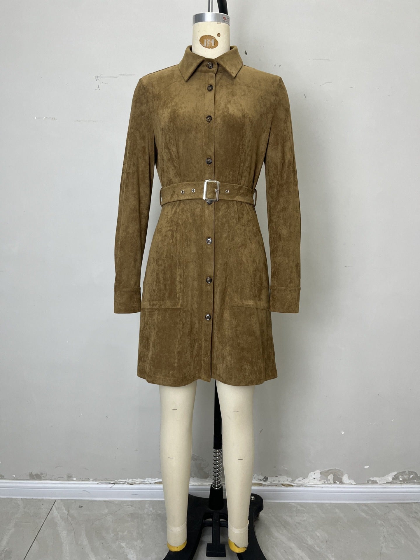 Faux Suede Shirt Dress with Polo Collar and Belt