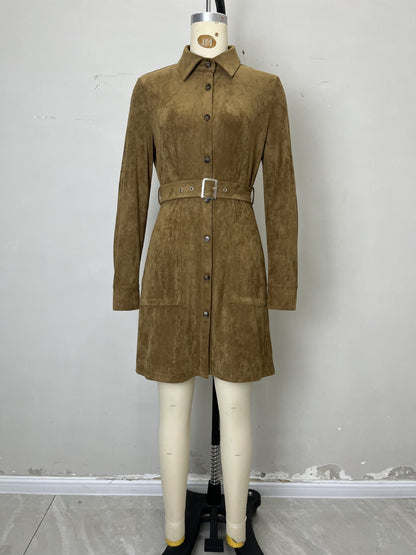 Faux Suede Shirt Dress with Polo Collar and Belt