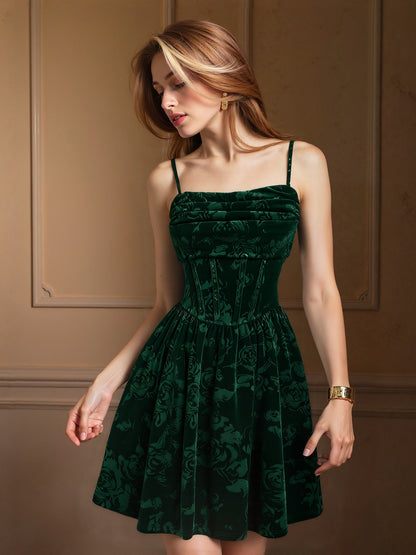 Embossed Floral Velvet Cami Dress with Corset Bodice