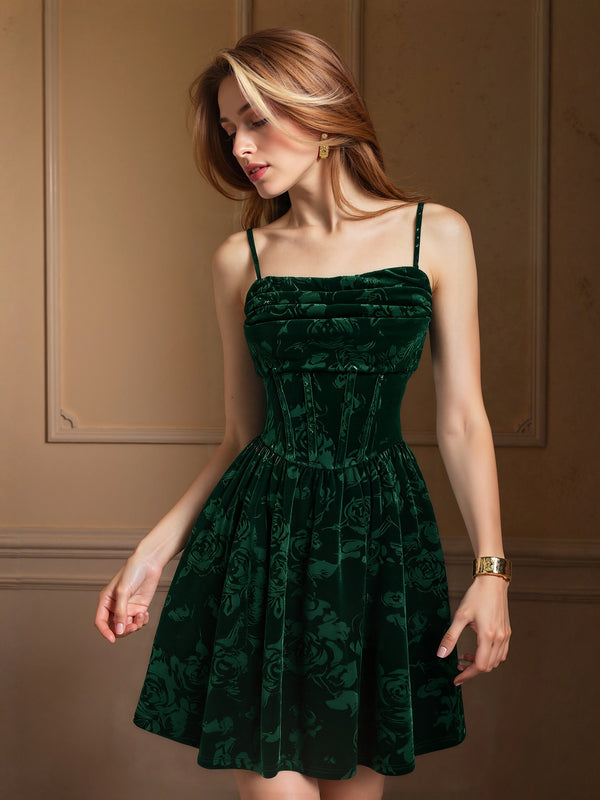 Embossed Floral Velvet Cami Dress with Corset Bodice