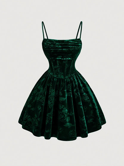 Embossed Floral Velvet Cami Dress with Corset Bodice
