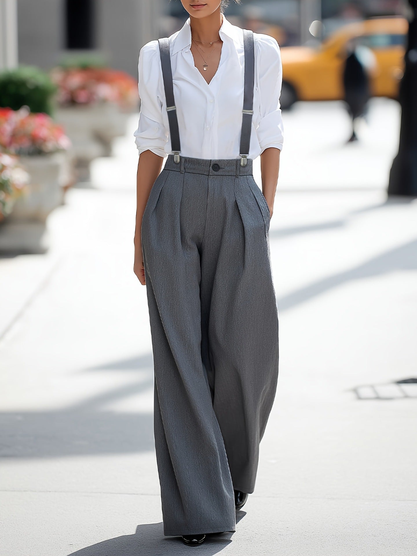 High-Waist Wide-Leg Trousers with Detachable Suspenders