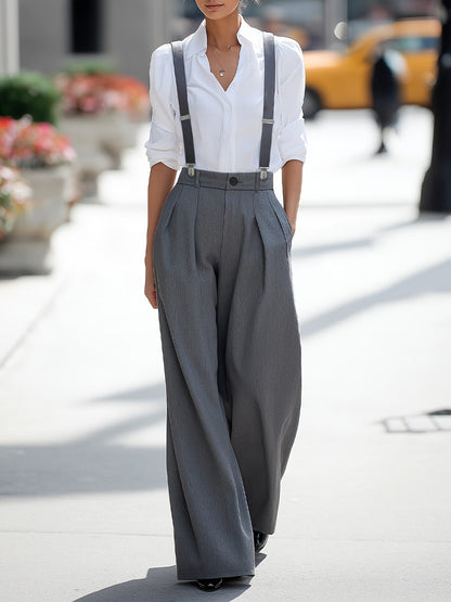 High-Waist Wide-Leg Trousers with Detachable Suspenders