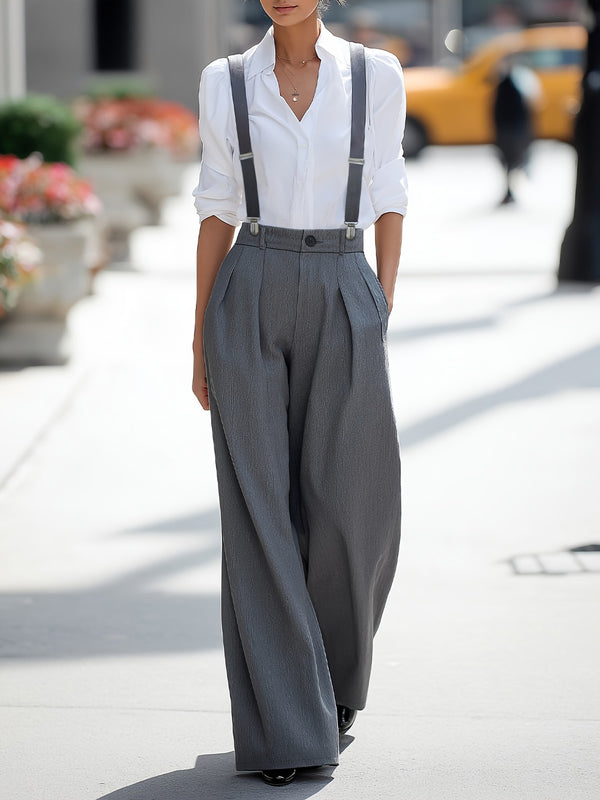 High-Waist Wide-Leg Trousers with Detachable Suspenders