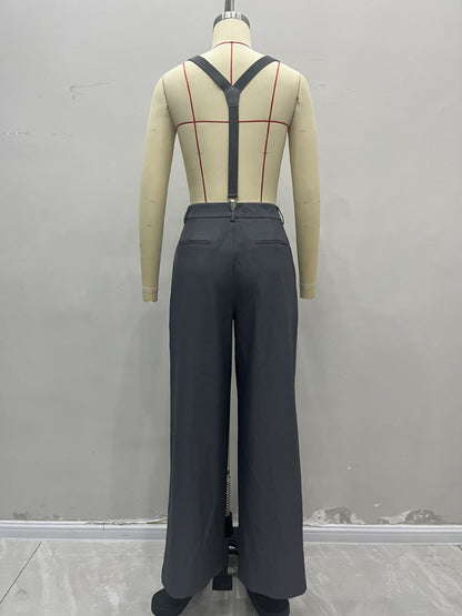 High-Waist Wide-Leg Trousers with Detachable Suspenders