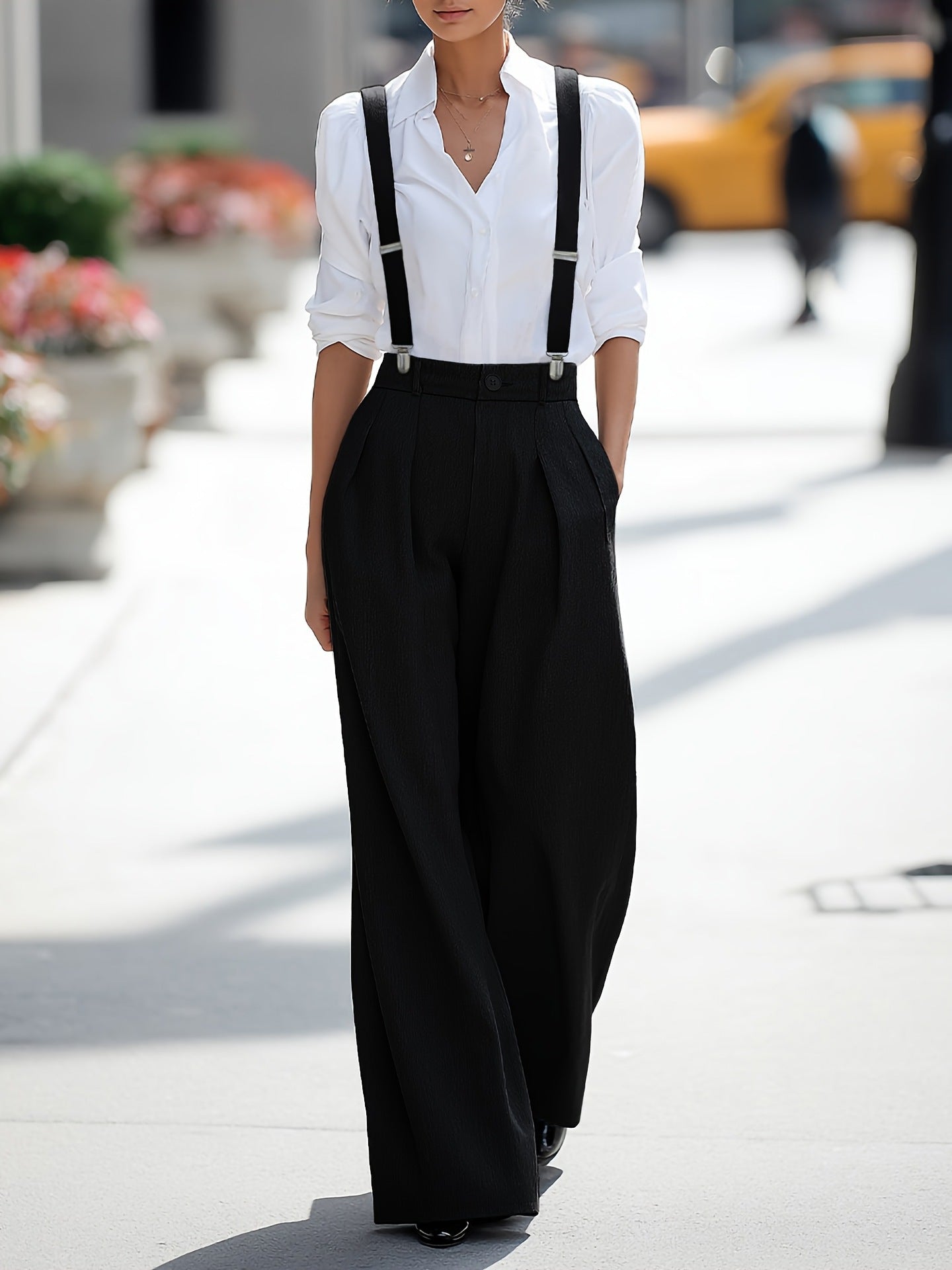 High-Waist Wide-Leg Trousers with Detachable Suspenders