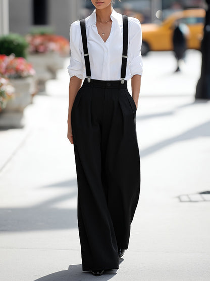 High-Waist Wide-Leg Trousers with Detachable Suspenders