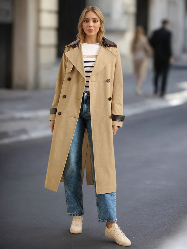 Long Khaki Trench Coat with Spliced Leather Trim