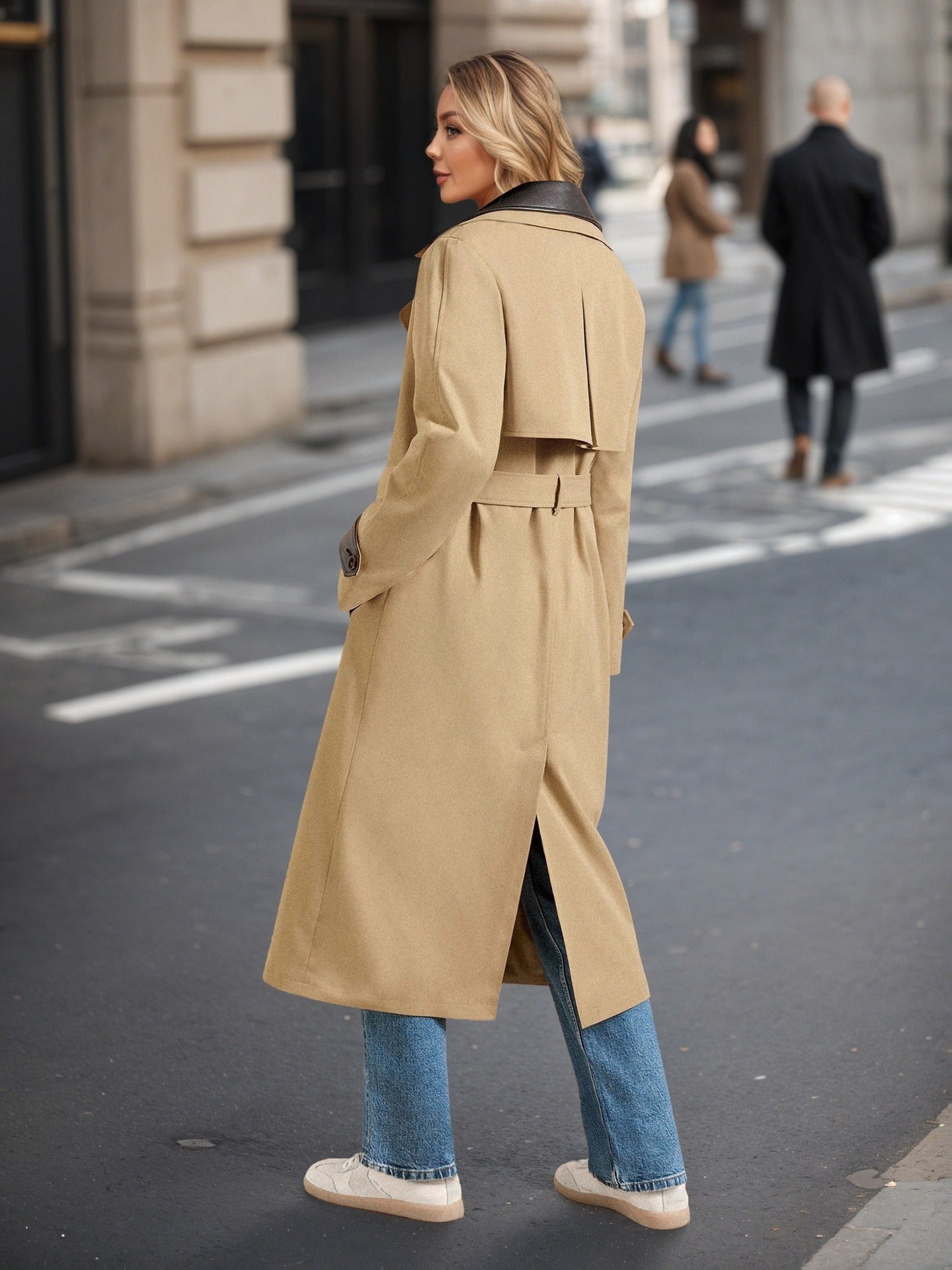 Long Khaki Trench Coat with Spliced Leather Trim