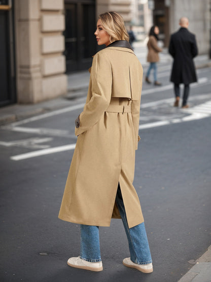 Long Khaki Trench Coat with Spliced Leather Trim