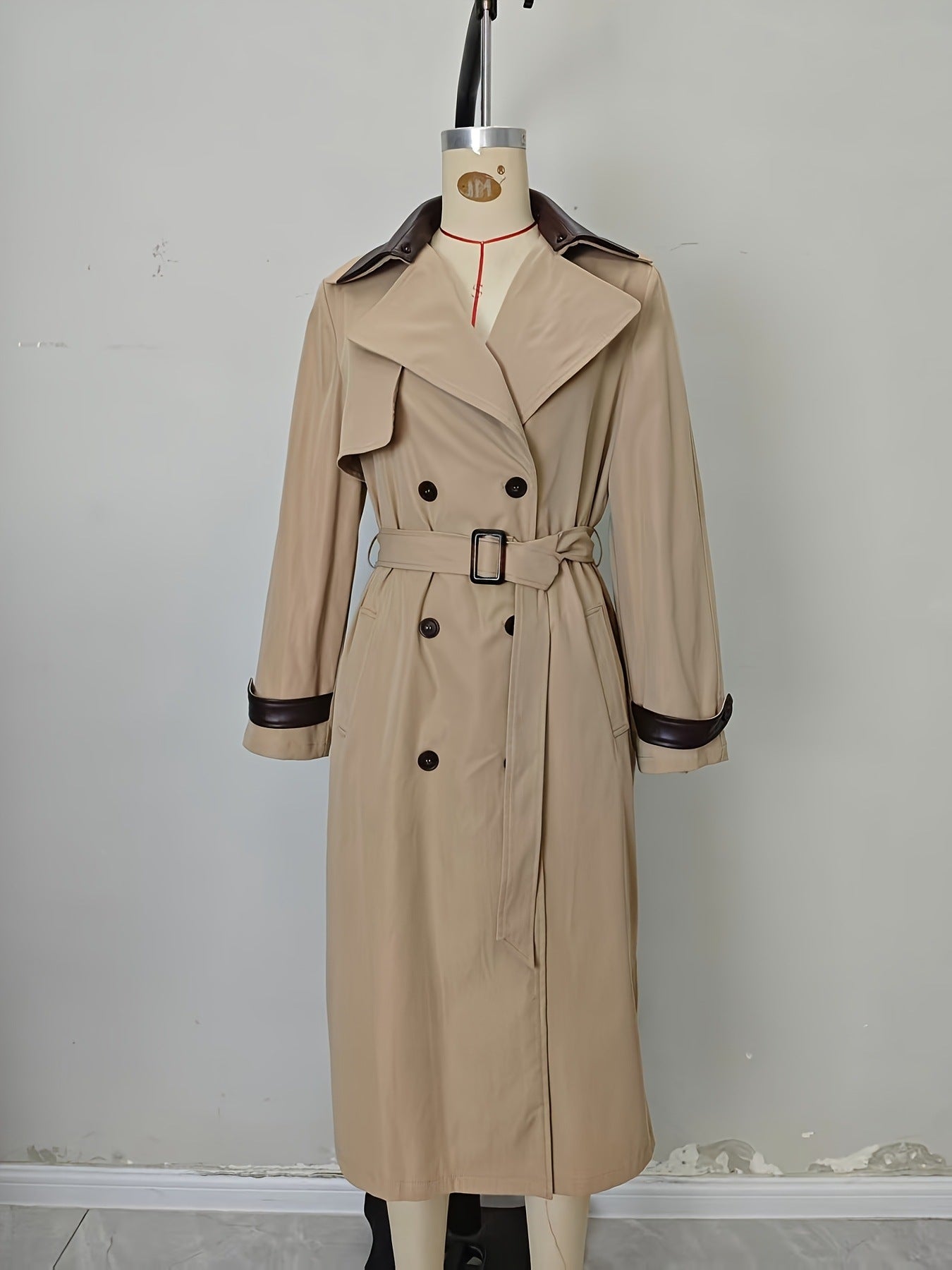 Long Khaki Trench Coat with Spliced Leather Trim