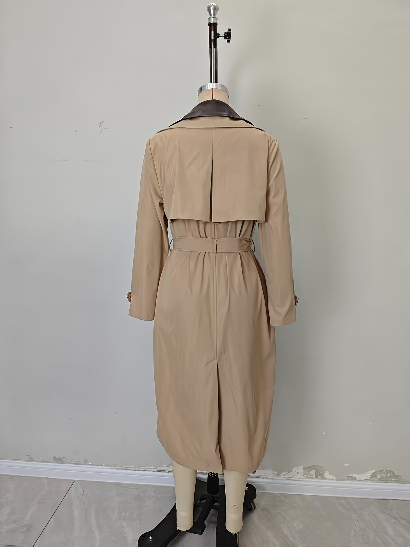 Long Khaki Trench Coat with Spliced Leather Trim