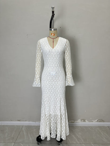 Lace Sheath Dress with V-Neck and Bell Sleeves