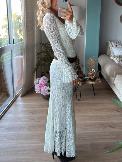 Lace Sheath Dress with V-Neck and Bell Sleeves