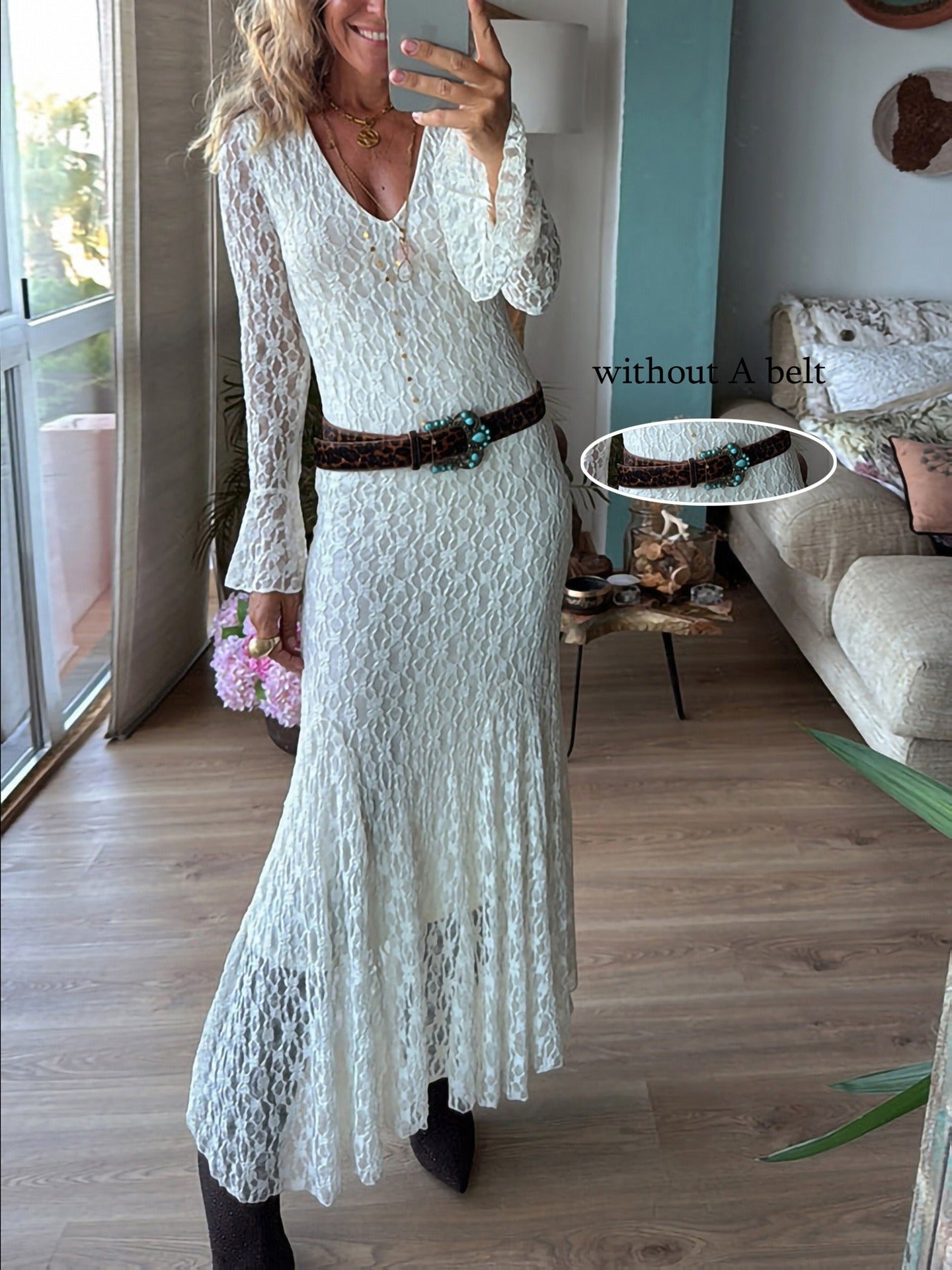 Lace Sheath Dress with V-Neck and Bell Sleeves