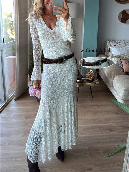 Lace Sheath Dress with V-Neck and Bell Sleeves