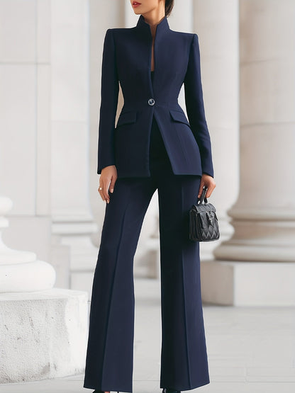 Slim Fit Pantsuit with Stand Collar and Flared Trousers