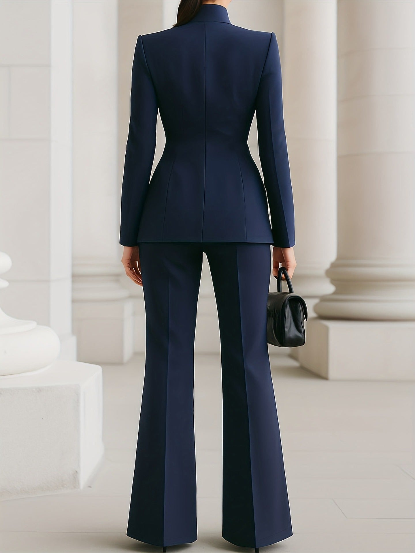 Slim Fit Pantsuit with Stand Collar and Flared Trousers