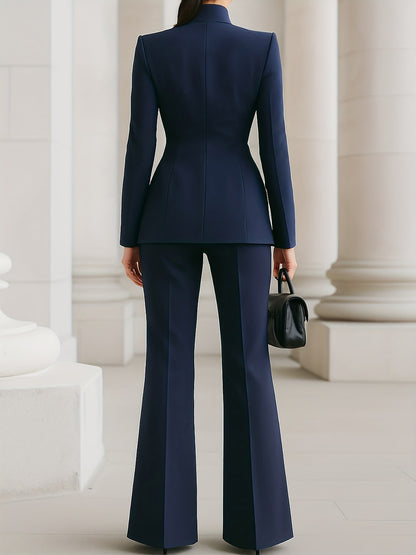 Slim Fit Pantsuit with Stand Collar and Flared Trousers
