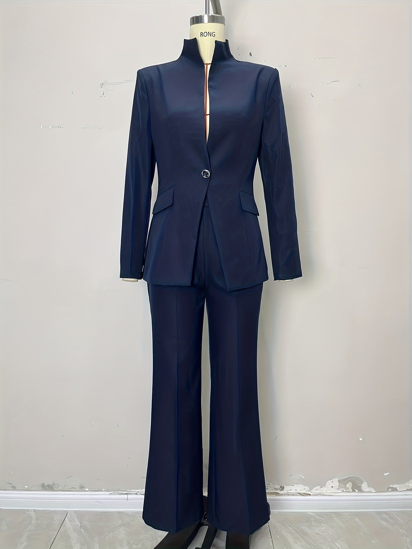 Slim Fit Pantsuit with Stand Collar and Flared Trousers