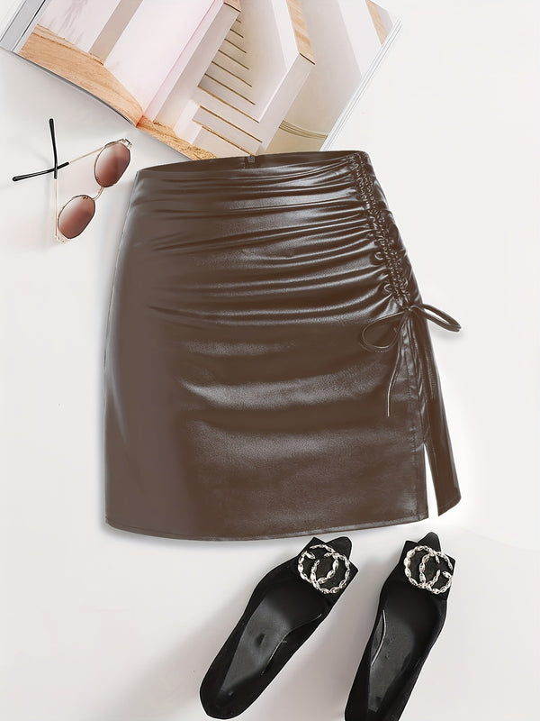 Bodycon Faux Leather Mini Skirt with Ruched Lace-Up Slit