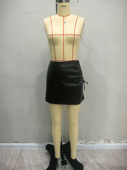 Bodycon Faux Leather Mini Skirt with Ruched Lace-Up Slit