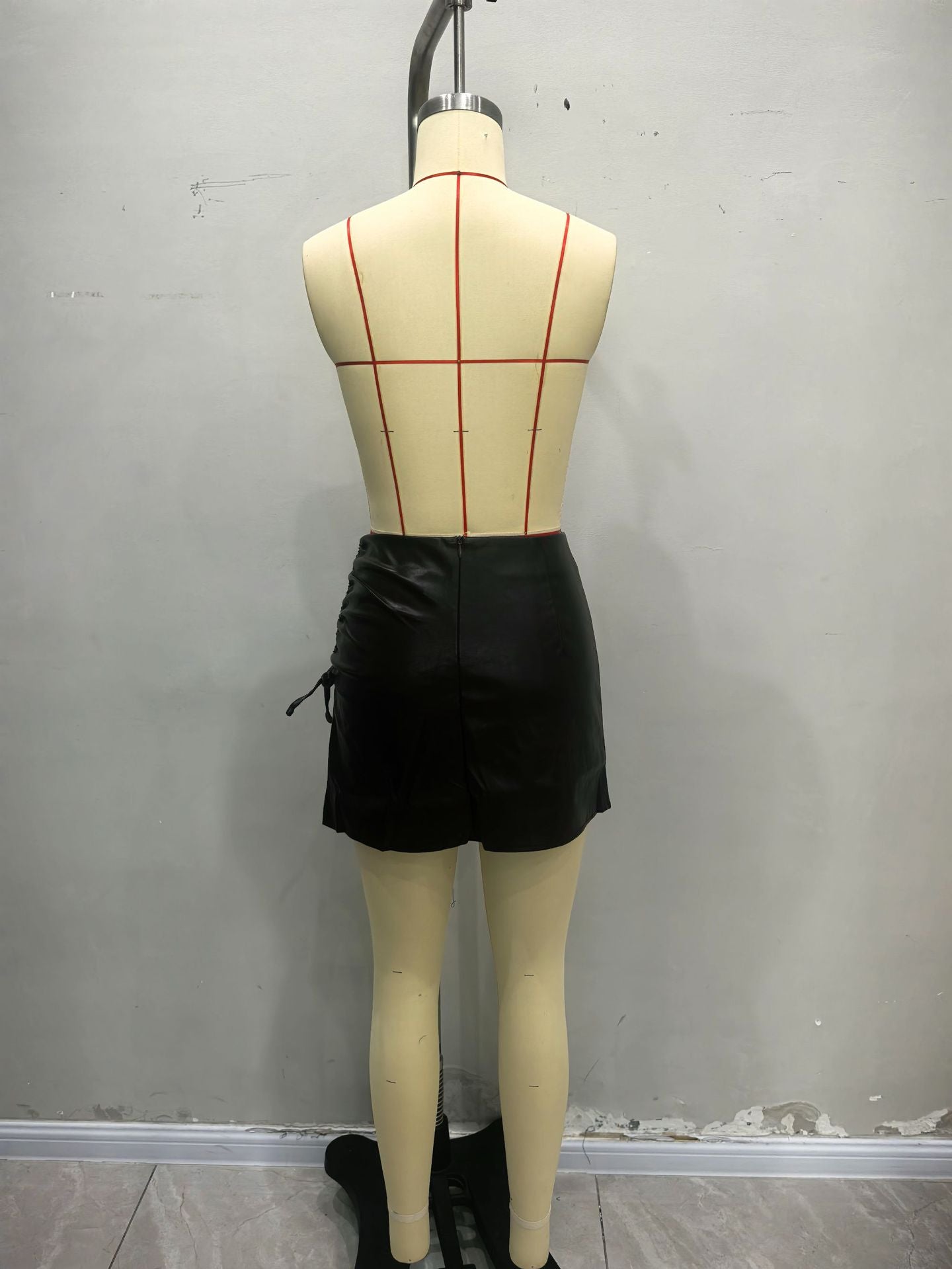 Bodycon Faux Leather Mini Skirt with Ruched Lace-Up Slit