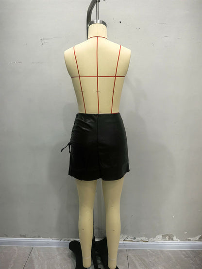 Bodycon Faux Leather Mini Skirt with Ruched Lace-Up Slit