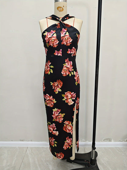 Sheath Floral Print Midi Dress with Halter Neck and High Slit