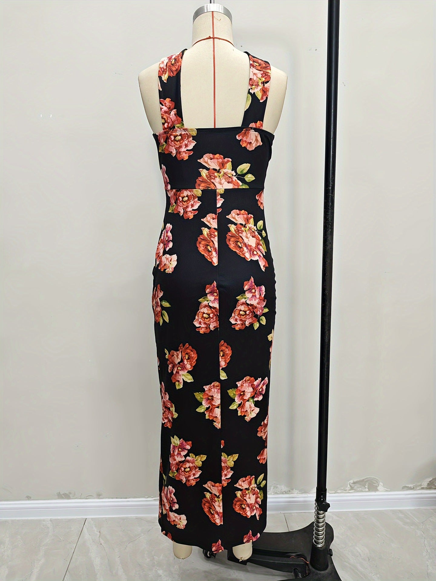 Sheath Floral Print Midi Dress with Halter Neck and High Slit