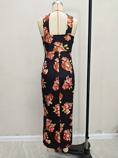 Sheath Floral Print Midi Dress with Halter Neck and High Slit