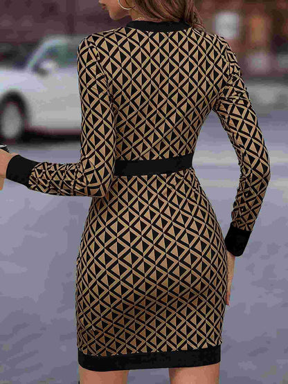 Geometric Print Bodycon Pencil Dress with Decorative Buttons
