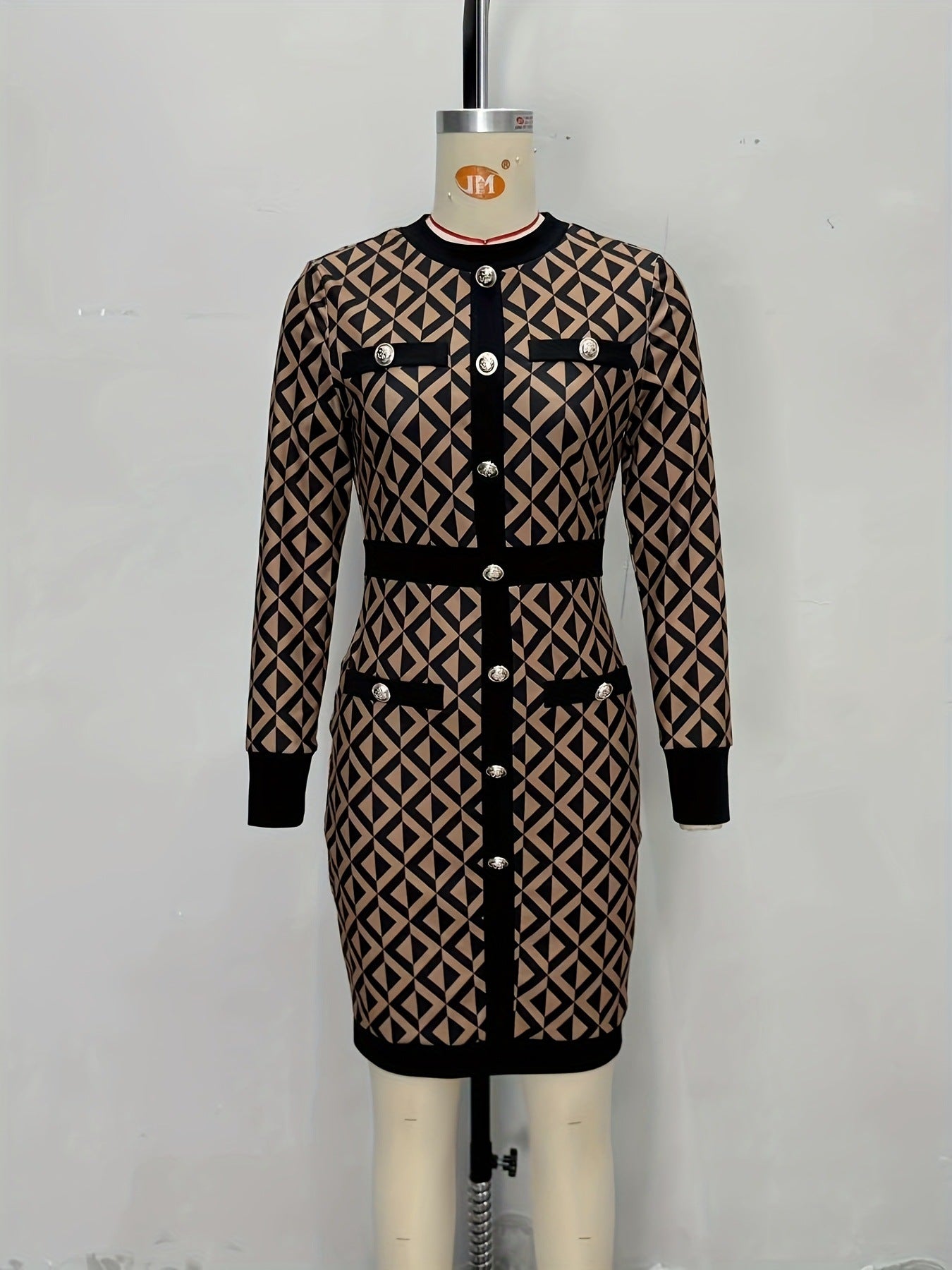 Geometric Print Bodycon Pencil Dress with Decorative Buttons
