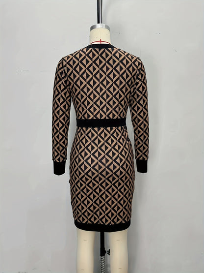 Geometric Print Bodycon Pencil Dress with Decorative Buttons