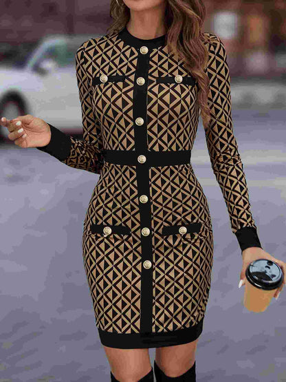 Geometric Print Bodycon Pencil Dress with Decorative Buttons