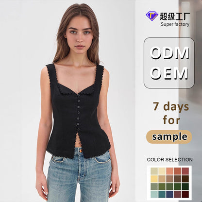 Slim Fit V-Neck Vest with Button Front and Lace Trim