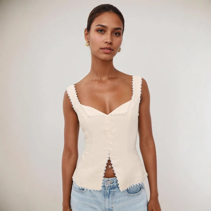 Slim Fit V-Neck Vest with Button Front and Lace Trim