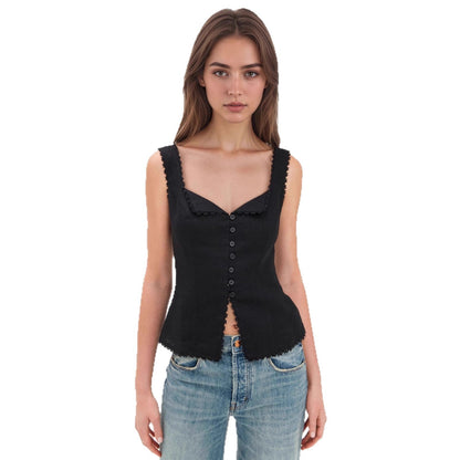 Slim Fit V-Neck Vest with Button Front and Lace Trim