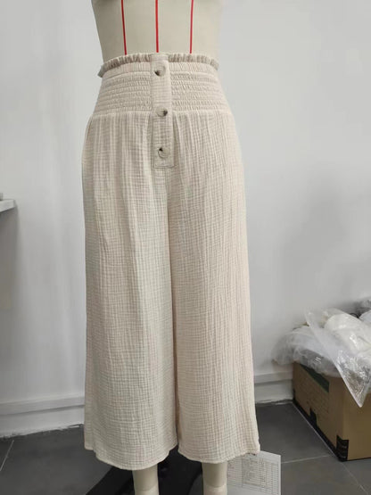 Crinkled Wide-Leg Cropped Pants with High Shirred Waist