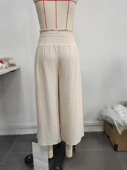 Crinkled Wide-Leg Cropped Pants with High Shirred Waist