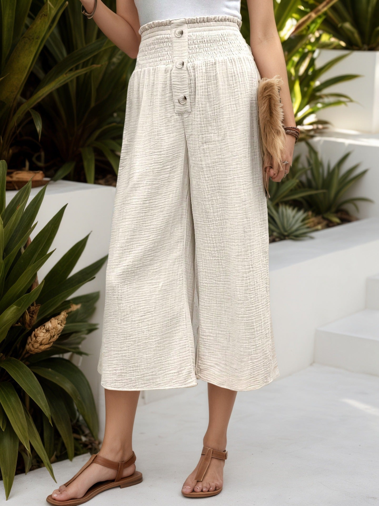 Crinkled Wide-Leg Cropped Pants with High Shirred Waist