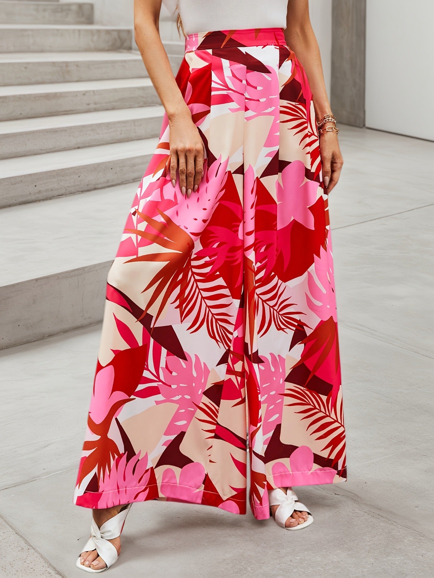 Tropical Print Wide-Leg Pants with High Elastic Waist