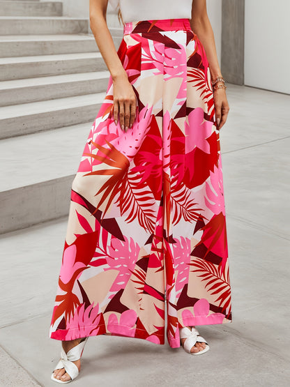 Tropical Print Wide-Leg Pants with High Elastic Waist