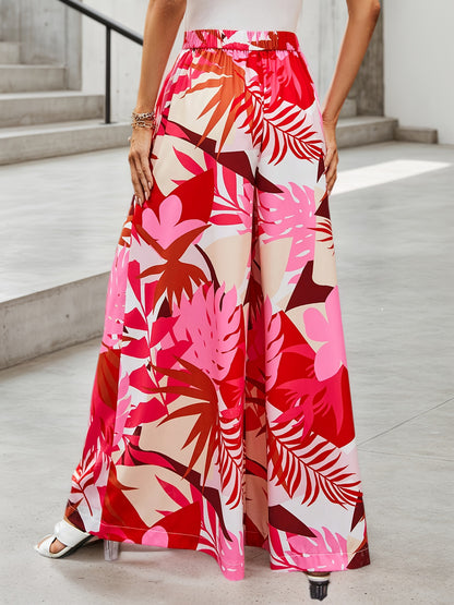 Tropical Print Wide-Leg Pants with High Elastic Waist