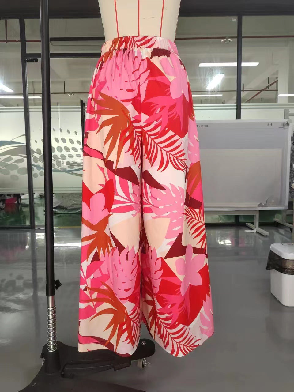 Tropical Print Wide-Leg Pants with High Elastic Waist